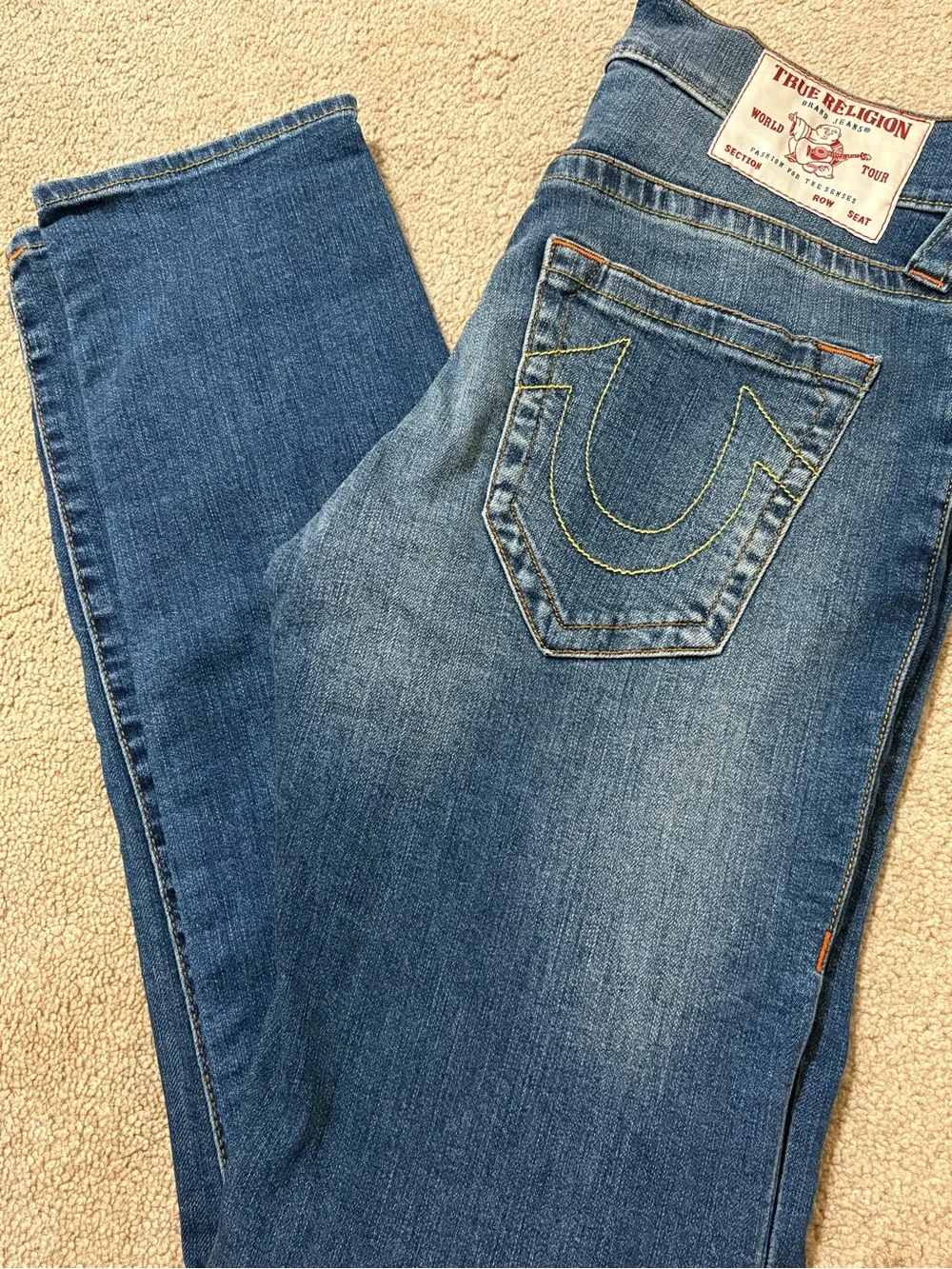 True Religion Blue Straight-Leg Jeans with Yellow Stitching